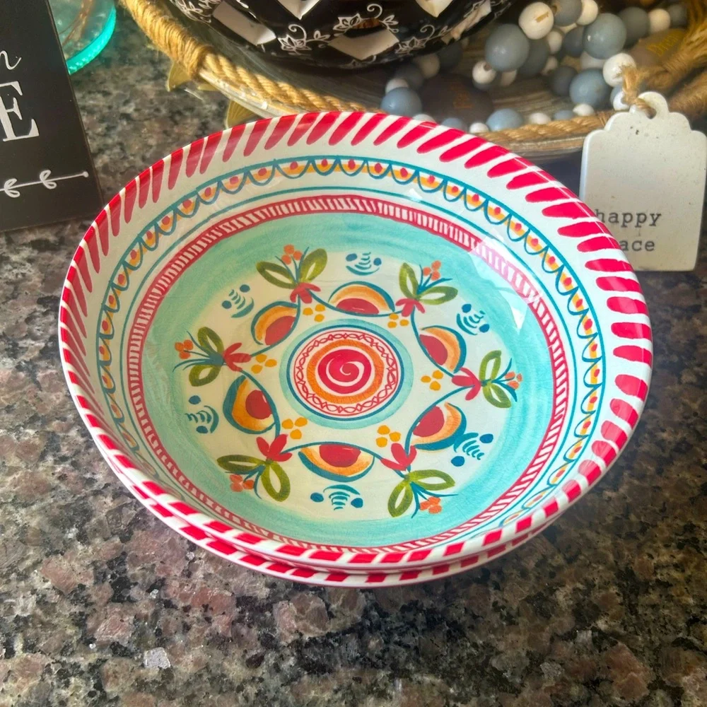 ✨Rachel Roy Red Blue Spanish Style Tile Medallion Melamine Cereal Bowls Set Of 2
